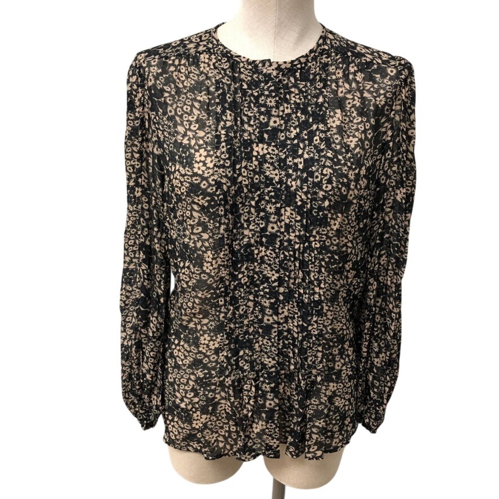 Isabel Marant Etoile Nastia Shirt Womens 36 Black Floral Pintuck Pleated Viscose